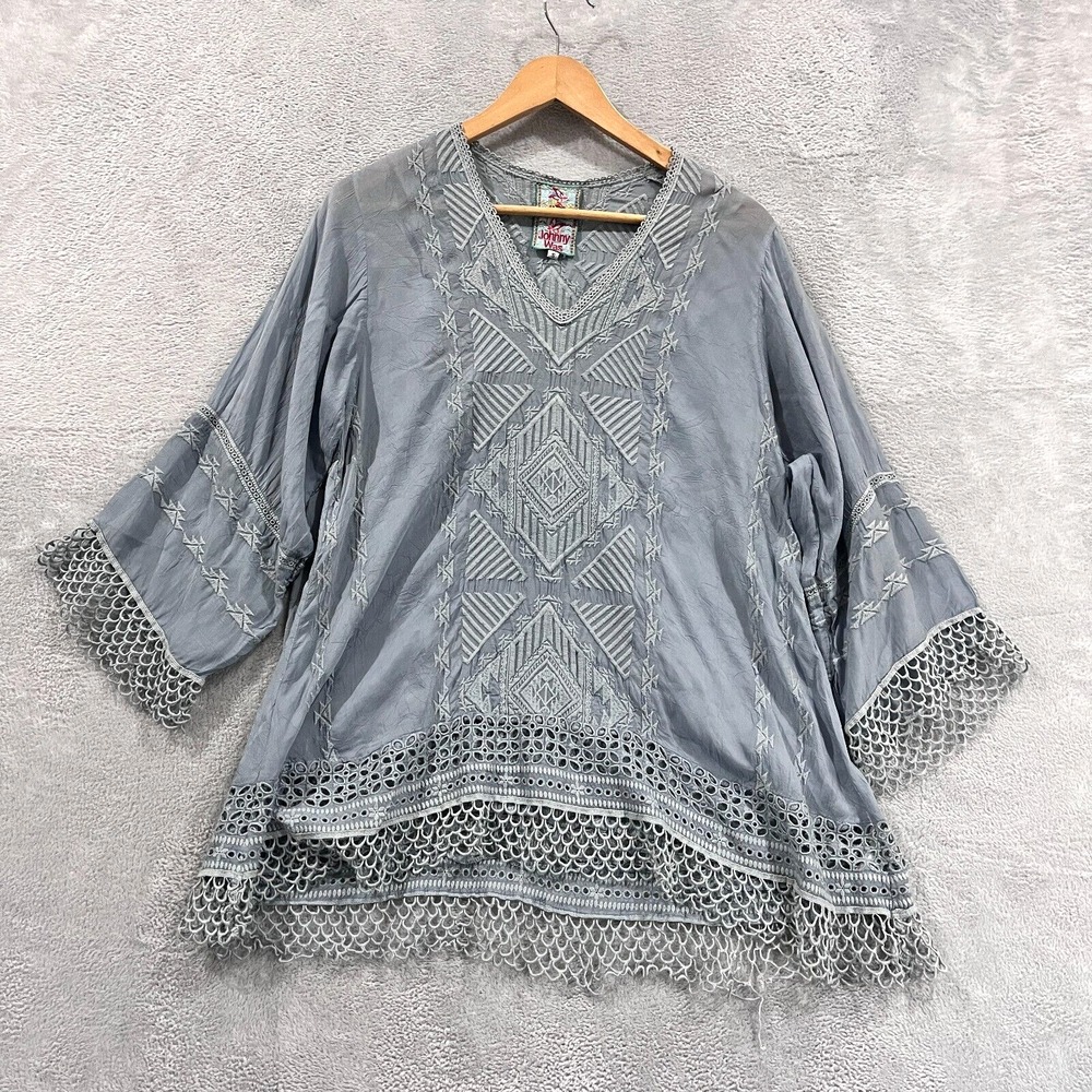 Johnny Was Tunic Womens Small Blue Renee Embroidered Eyelet 3/4 Sleeve Blouse